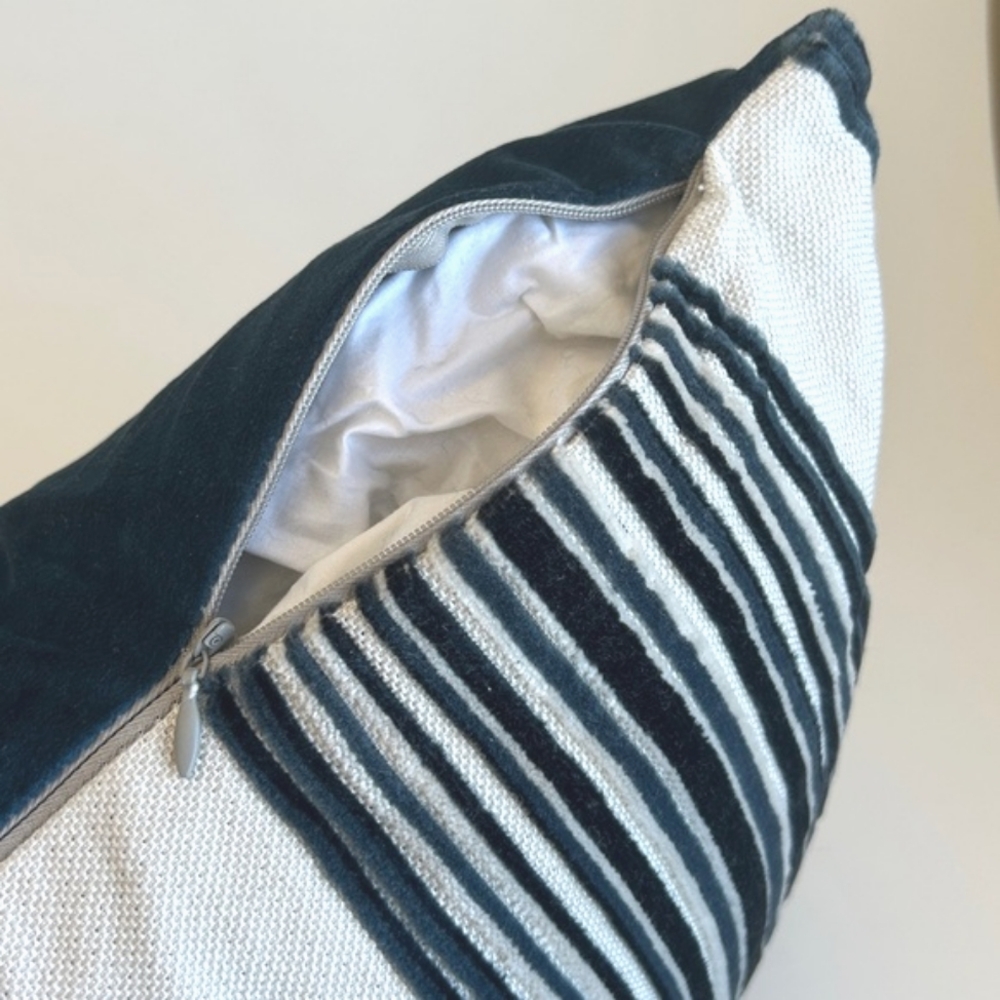 Caldeira Navy Blue White Velvet Striped Feathered Lumbar Home Decorative Pillow - Picture 6 of 10